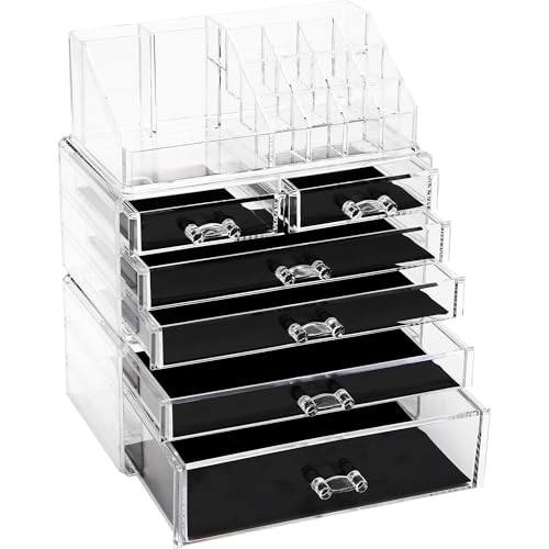 Sea Team 3-Layer Stackable Clear Makeup Organizer with Drawers, Acrylic Plastic Cosmetic Display Case, Jewelry Storage Box for Dresser, Bathroom, Vanity, Countertop (6 Drawers, 1 Lipstick Holder) - size: 6 Drawers, 1 Lipstick Holder