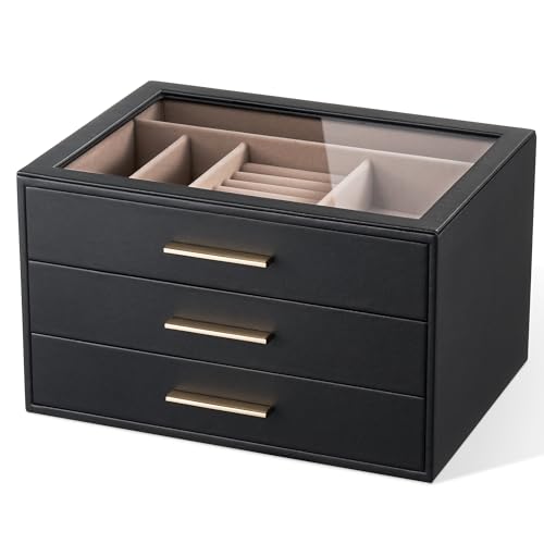 pickpiff Jewelry Box Organizer Case for Women: 3-Layer Jewelry Storage Case with Glass Window, Black Leather with Blush Velvet, Holder for Ring Necklace Bracelet Brooch Watch, Great Gift for Her - color: Black, size: 3 layer