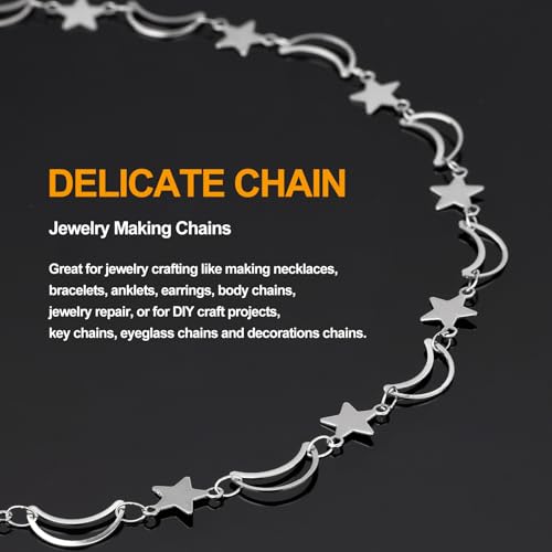 KYUNHOO 13 Feet Stainless Steel Chain for Jewelry Making Silver Moon Star Links Chain Roll with Lobster Clasps and Jump Rings - color: Star Silver