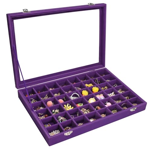 Vicoter Velvet Jewelry Tray 48 Compartments Jewelry Display Organizer with Transparent Cover Rings, Earrings, Necklaces, Pendants Storage Box for Girls, Wives, Mothers, Women - color: Purple, size: 48 Grid