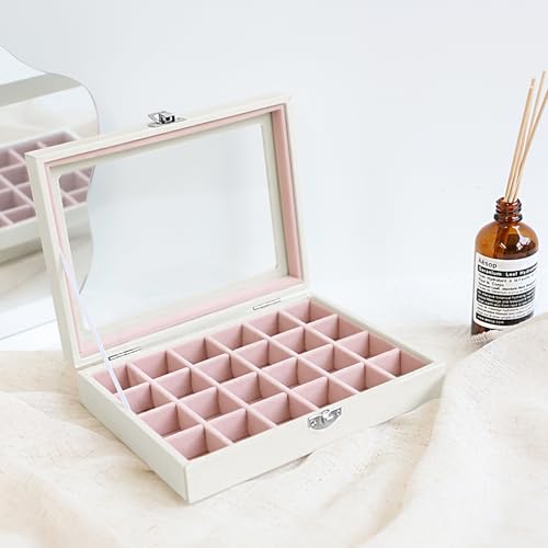 Wudygirl Small Jewelry Organizer 24 Grid Jewelry Box with Clear Lid Velvet Ring Holder Earring Organizer Jewelry Tray for Drawer Jewelry Display Case for Women Gift (Pink) - style: White Pink 24 Grid