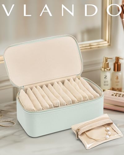 VLANDO Jewelry Organizer with 12 Velvet Jewelry Bags Travel Jewelry Case for Girls Premium Petal Hardware Jewelry Box Necklace Rings Earrings Bags Birthday Holidays Gifts for Self-Mint Green - color: 12PCS-Mint Green