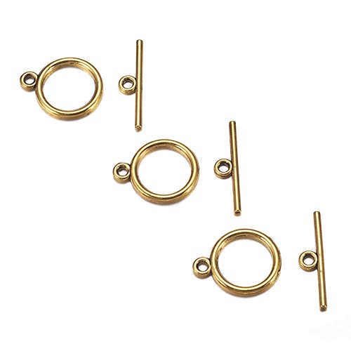 Craftdady 20 Sets Antique Gold Round Toggle Clasps Tibetan T Bar Closure Ring End Clasps for Bracelet Necklace Making - color: Antique Golden, 15mm