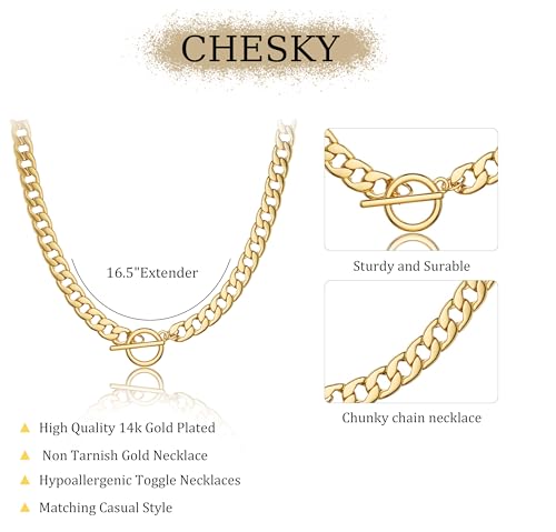 CHESKY 14K Gold Plated Chunky Necklace for Women, Trendy Paperclip Chain Necklace Thick Cross Heart Pendant Necklace Layered Herringbone Cuban Link Chain Toggle Necklaces Non Tarnish Jewelry - color: gold, style: cuban