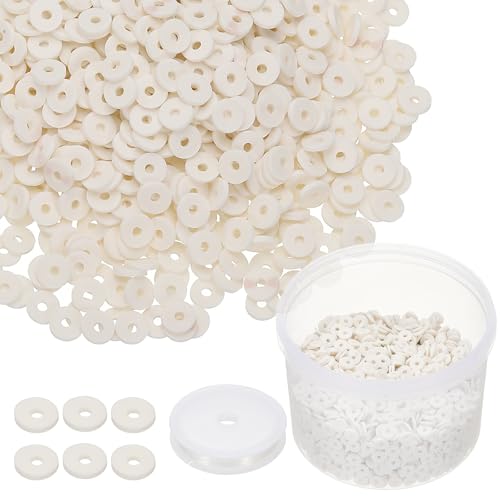 PATIKIL Clay Beads, 3000 Pcs White Heishi Beads 6mm Flat Polymer Clay Beads Friendship Bracelet Kit with Elastic Cord for Jewelry Necklace Making - color: White