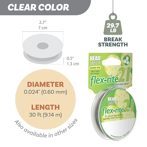 The Beadsmith Flex-Rite Beading Wire - 21-Strand Nylon-Coated Stainless-Steel Wire, 0.024" (0.60 mm) Dia, Clear, 30 ft Spool, Durable Necklace & Bracelet String, for Jewelry Making Supplies - size: .024” Dia - 30 ft