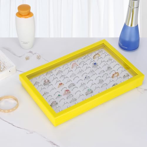 KUKUVR 100 Slots Ring Earring Holder Display Case, Velvet Jewelry Ring Earring Storage Organizer Box Tray with Clear Lid for Women And Selling Show (Yellow) - color: Yellow
