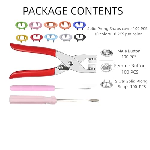 Snap Fasteners Kit - 100 Sets Snaps for Fabric Metal Snaps Buttons 9.5mm with Fastener Pliers Press Tool Kit Came with Flat Tip Screwdriver and awl for DIY Crafts, Clothing Sewing, Hats
