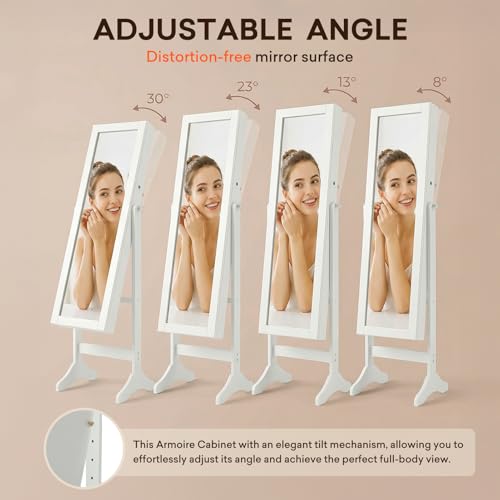 Antok Full Length Jewelry Cabinet with Mirror & Large Storage - 61" Standing Lockable Armoire Organizer, Floor to Ceiling Model for Bedroom or Dressing Room, White