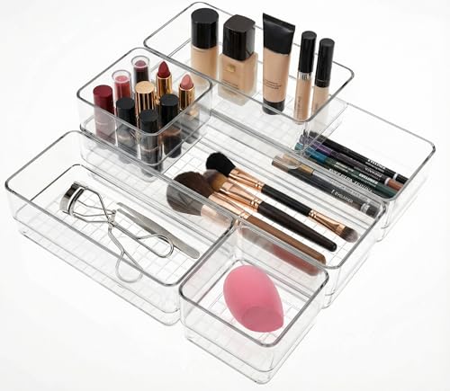 6 PCS Clear Plastic Drawer Organizer Set, 2 Sizes Acrylic Drawer Storage Trays Non Slip Storage Bins for Makeup, Jewelry, Gadgets for Kitchen, Bedroom, Bathroom, Office - style: 6 PCS with 2 sizes