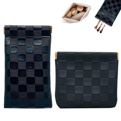 2PCS Small Makeup Bag for Purse, Mini Leather Pocket Cosmetic Bag for Women, Waterproof Portable Makeup Pouch No Zipper Coin Purse Lipstick Bag Accessories, Checkered Travel Storage Bag (Black) - color: Black