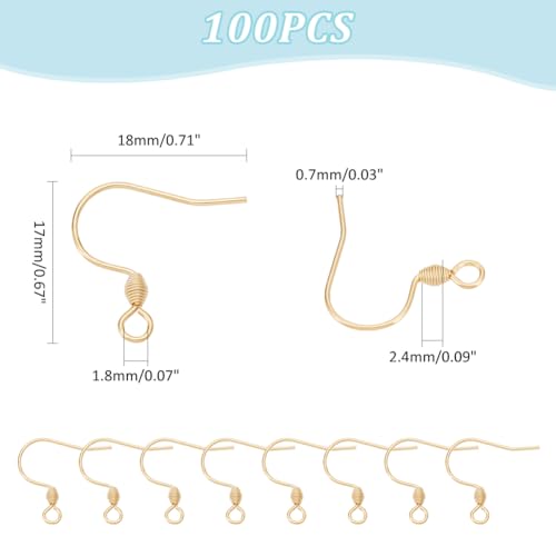 UNICRAFTALE 100Pcs Real 18K Gold Plated Earring Hooks Stainless Steel French Hooks with Horizontal Loop Metal Ear Wires Drop Earring Finding for Jewelry Making DIY Earrings Findings 17x18x2.4mm - size: 17mm Long