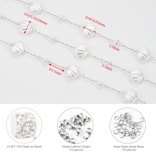 KYUNHOO 16.4 Feet Silver Chains for Jewelry Making Artificial Pearl Bead Chain on Spool with Lobster Clasps and Jump Rings - color: Shell Silver