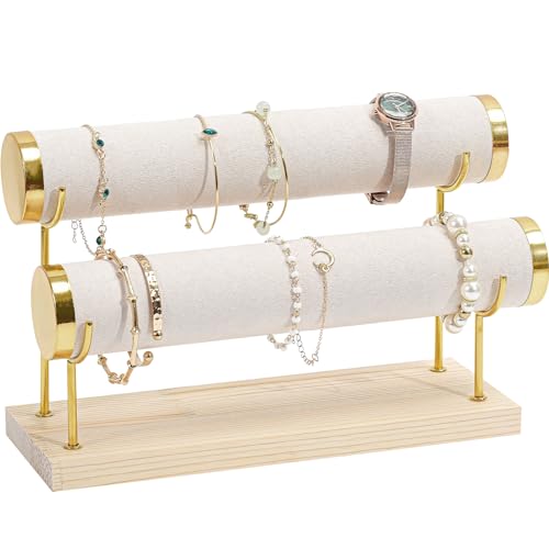 ProCase Bracelet Holder Display Bracelet Organizer Stand, Gold Detachable Bangle Storage Rack for Selling, Velvet Wrap Watch Holder with Wooden Base for Women Girls, Business Supplies - 2 Tier, Beige - color: Beige, size: 2 Tier