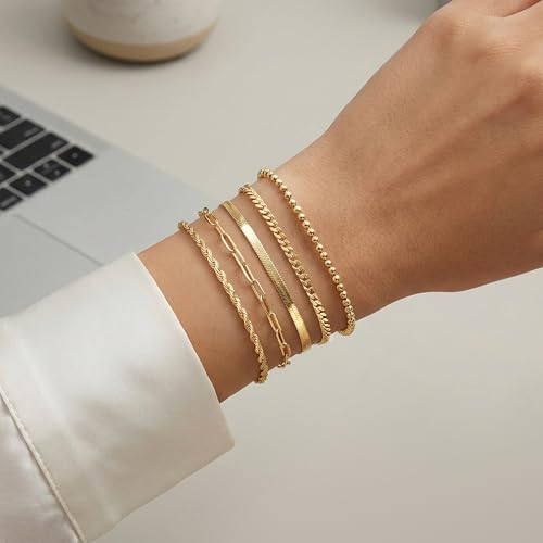 Gold Bracelets Set for Women Stack, Chunky Thick Bracelets Stack for Women Trendy, Simple Dainty Thin Gold Plated Cuff Stackable Bracelets With Beaded Cuban Paperclip Snake Rope Bangle Hand Chain Jewelry - style: Style 06-gold