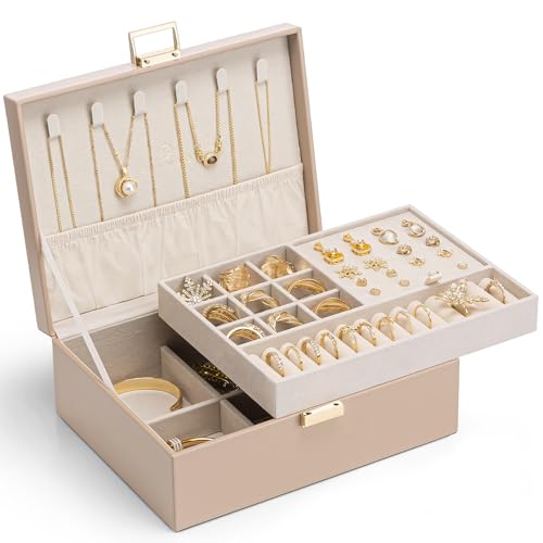 VLANDO Jewelry Box for Women, Gift for Women Girls,2 Layer Jewelry Box,Large Jewelry Organizer for Women Removable Jewelery Tray for Necklace Earrings Rings (Toffee) - color: Toffee