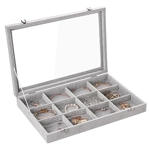 Frebeauty Velvet Jewelry Tray,12 Grid Jewelry Organizer with Clear Lid,Bracelets Holder,Jewelry Display Case with Clasp,Drawer Insert Bangle Brooch,13.8 x 9.5 x 2 Inches,Gift for Women Girls(Grey) - color: Grey, size: 12 Grid