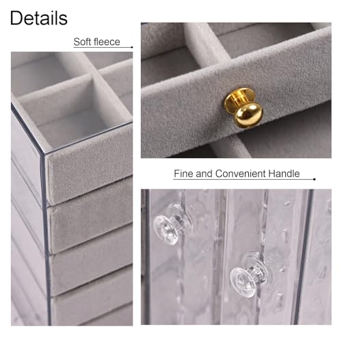 Greenfeather Jewelry Organizer with 7 Removable Drawers, Clear Acrylic Jewelry Box with 16 Necklace Hooks 48 Pairs of Earring Holes 5 Velvet-Lined Drawers for Rings Bracelets Necklaces - color: Gray-Style B