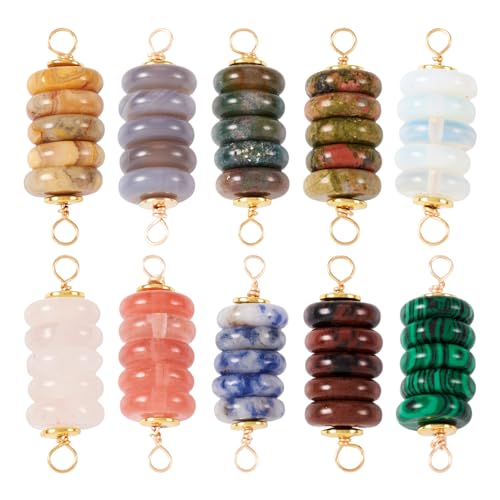 10Pcs Natural Gemstone Disc Connector Charms Mixed Color Crystal Stone Link Pendants 35x12mm for Necklace Earring Keychain Jewelry Making DIY Craft - color: Mixed Color-Disc Coin