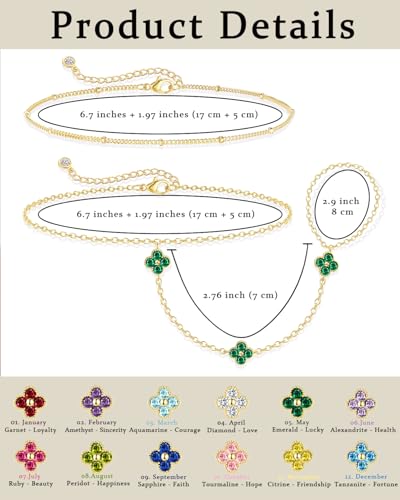 Gold Hand Chain Bracelets for Women Trendy Dainty Birthstone Clover Charm Ring Bracelet Hand Chain Set Non Tarnish 14K Gold Plated Stackable Finger Bracelets for Women Birthday Jewelry Gifts - color: 05. May(Emerald)