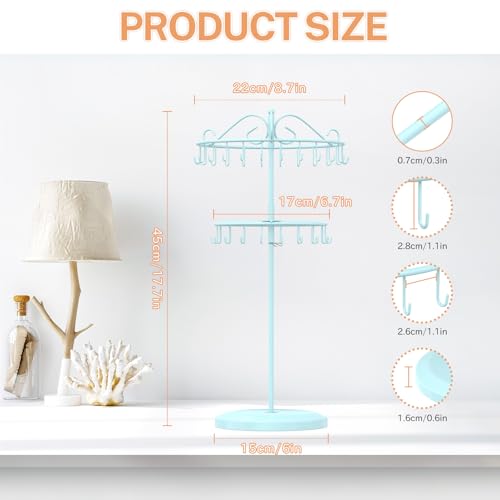 iDavosic.ly 2 Tier Rotating Necklace Holder Organizer with 42 Hooks, Adjustable Metal Bracelet Display Stand Rack, Extra Tall Keychain Spinning Tree Tower for Women, Blue - color: Light Blue