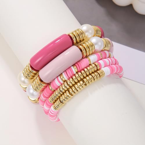 COLORFUL BLING 5-12Pcs Bohemian Love Heart Bead Bracelets for Women Vinyl Disc Heishi Surfer Stackable Stretch Bracelet Summer Beach Boho Jewelry - color: 5pcs pink long bar