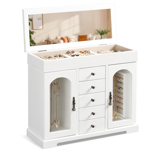 Miratino Jewelry Box for Women Girls, Wooden Jewelry Organizer Box with Mirror, 5 Layer Jewelry Storage Case Display for Necklaces Earrings Rings Bracelets Valentine's Day Gifts - color: White