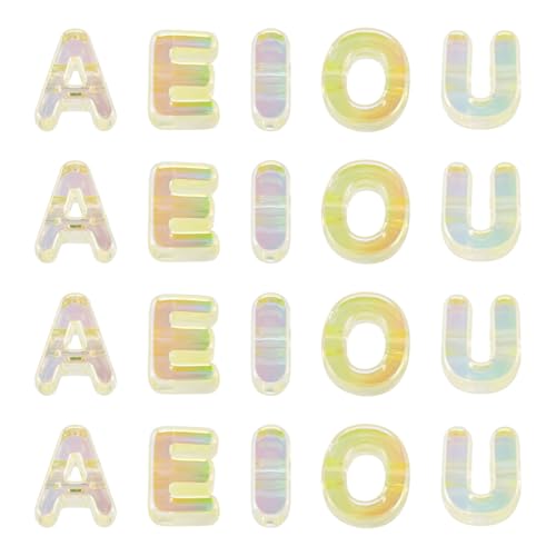 FASHEWELRY 50Pcs UV Plating Rainbow Iridescent Acrylic Letter Beads with Large Hole Big Letter Blocks Charms 3D Letters Chunky Vowel Alphabet Beads for Key Chains Necklace DIY Arts Craft (Yellow) - color: Light Yellow, size: Vowels