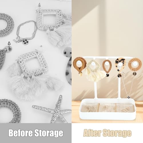 WCHOSOZH Jewelry Organizer Stand, Necklace Holder with Wooden Tray 5 Storage Hooks, Earring Holder with 5 Pcs Jewelry Bags for Bracelet,Chains,Rings,Earrings,Keys Watches,Necklaces (White) - color: White