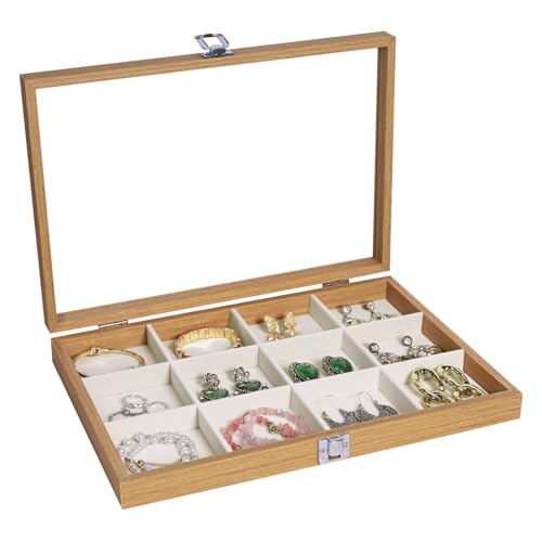 Stratalife Jewelry Organizer Wooden Bracelet Jewelry Box Jewelry Tray with Lid Bracelet Holder Organizer Earring Organizer for Women Bangle Storage Vintage Jewelry Box 12 Grid - color: Beige, size: 12