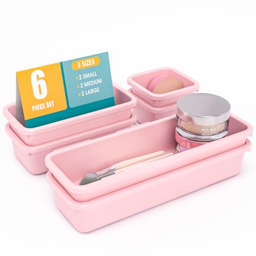 6 PCS Drawer Organizer Set, 3 Size Makeup Drawer Divider Organizer With Non-Slip Pads, Interlocking Plastic Storage Bins for Office,Jewelry Vanity,Gadgets, Bathroom,Kitchen, Pink - color: Pink, size: 6pack