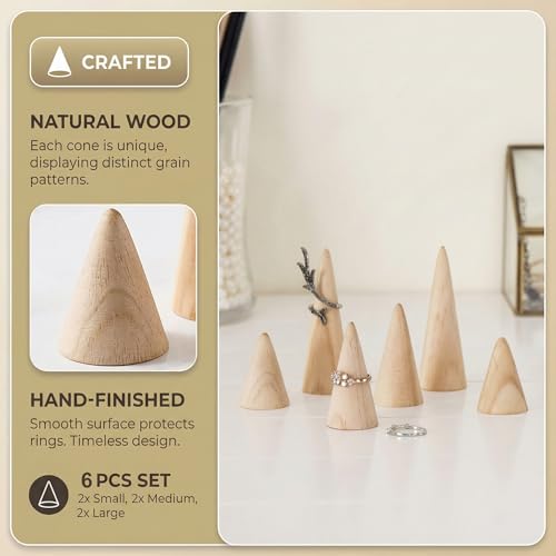 6Pcs Wood Ring Holder 3 Sizes Wooden Cone Display Stand for Men Womens Jewelry Engagement Wedding Ring Organizer Freestanding Vanity Kitchen Display Mens Accessories