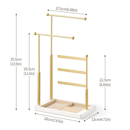 pickpiff Jewelry Organizer Holder Stand: 3 Tier Jewelry Storage Display for Necklace, Bracelet, Earring, Ring, White & Gold - color: gold & white