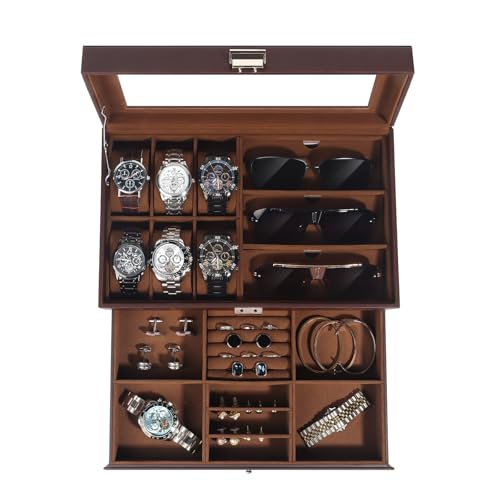 Jewelry Box for Men, 6 Slot Watch Box Jewelry Organizer With Drawer, Watch Case for Men with Large Window, 2-Layer Watch Holder, Sunglasses Storage Organizer, Velvet Lining, PU Leather, Gift Idea - color: Brown