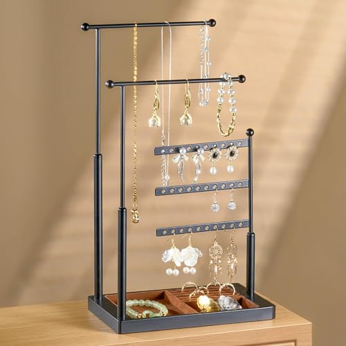 pickpiff Jewelry Organizer Holder Stand: 3 Tier Jewelry Storage Display for Necklace, Bracelet, Earring, Ring, Black & Brown - color: black & brown