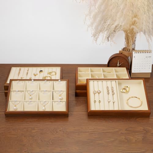 12 Girds Solid Wood Jewelry Tray Microfiber Ring Earring Stackable Drawer Organizer for Display Storage (Cream White) - style: 12 Grid