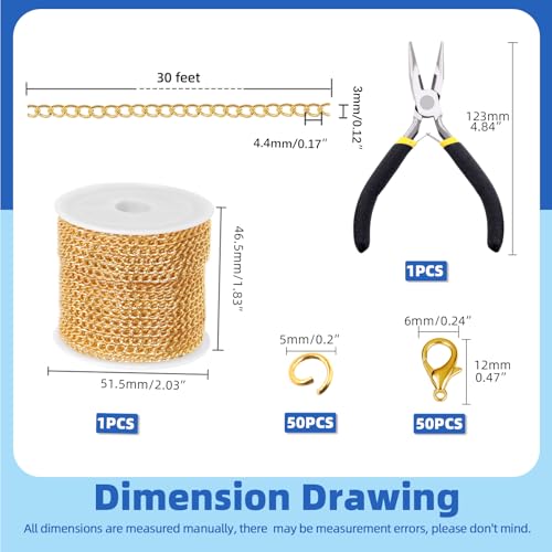 Glarks 102Pcs 30 Feet Jewelry Chains Set Gold Cable Link Chains Link Rolls Bulk Twisted Links Chain Necklace Jewelry Making Chains with Lobster Clasps and Jump Rings for Necklace Jewelry Making - color: Gold