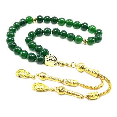 Simple Designed Natural Stone Worry Beads (8mm -33 Beads) - Prayer Beads Tesbih-Tasbih-Tasbeeh-Misbaha-Subha-Sebha-Sibha-Rosary (Green Jade -8 mm 33- Beads/Gold Tassel) - color: Green Jade -8 mm 33- Beads / Gold Tassel