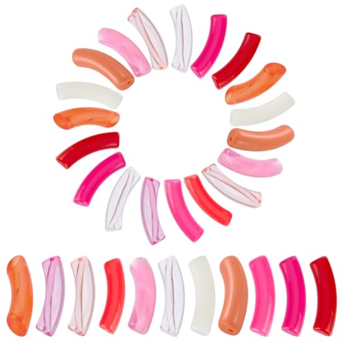 PH PandaHall 154pcs Curved Tube Beads, 11 Color Acrylic Tube Bead Pink Chunk Slide Beads Noodle Loose Spacer Bead for Valentine Summer Friendship Bracelet Keychain Jewelry Making 32mm - color: Pink