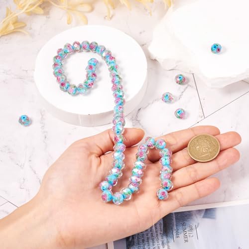 Elecrelive 60Pcs Gold Sand Lampwork Beads Rondelle Flower Glass Beads 10mm Sky Blue Floral Crystals for DIY Bracelet Necklace Earring Jewelry Making - color: Deep Sky Blue