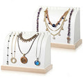 2 Pack Cambered Wooden Necklace Display Stand, Soft Mat Necklace Holder Tabletop Jewelry Display Storage Holder for Necklaces Pendant (White, PU Leather)