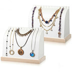 2 Pack Cambered Wooden Necklace Display Stand, Soft Mat Necklace Holder Tabletop Jewelry Display Storage Holder for Necklaces Pendant (White, PU Leather)