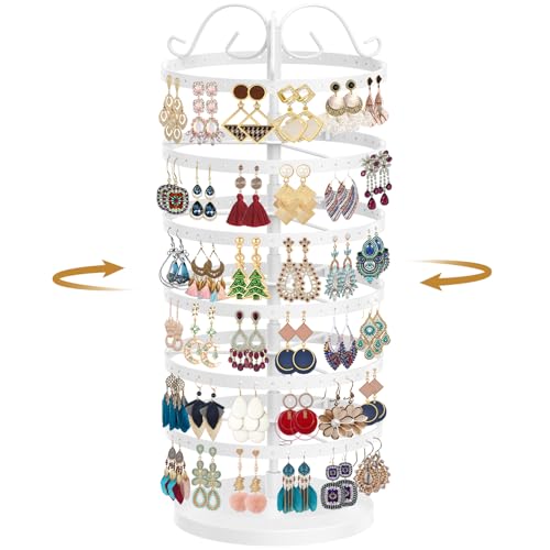 MODOWEY Rotating Earring Holder Organizer Stand, 6 Tier Large Capacity Jewelry Display Tree for Women Vendors, 264 Holes Adjustable Metal Rack for Stud Hoop Dangle Storage, Spin for Easy Access, White - color: Pearl White, size: 6-Tier