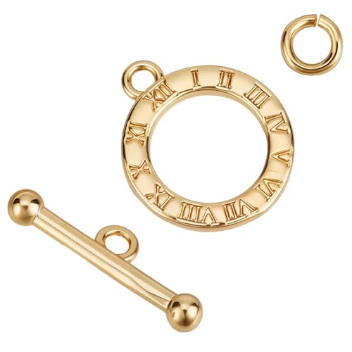 Beebeecraft 1 Box 15Pcs Toggle Clasps for Jewelry Making 18K Gold Plated Brass Clock Round Toggle Clasps Connectors Metal Bar and Snap Ring for DIT Craft - color: Gold 15pcs