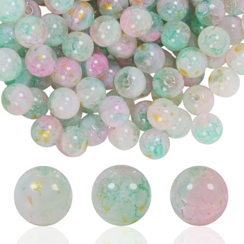 100Pcs 10mm Crackle Glass Beads for Jewelry Making - Round Spacer Crystal Beads Bulk, DIY Craft Supplies for Necklace Bracelet Earrings (Pink Green Gold) - color: Pink Green Gold