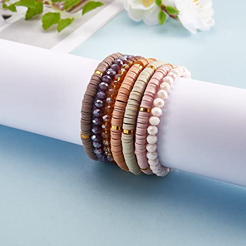 Ornaland 7Pcs Handmade Polymer Clay Heishi Surfer Stretch Bracelets Set Colorful Glass Beads Bracelets Boho Stackable Preppy Bracelets Wrist Jewelry for Women - color: Grayish Yellow