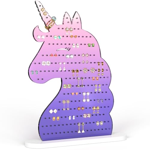 NiHome Acrylic Unicorn Earring Holder with 214 Holes for 80–107 Pairs, Smiling Unicorn Jewelry Display Stand for Teens and Women, Stud & Dangle Earring Organizer with Anti-Slip Pads (Gradient Purple) - color: Gradient Purple