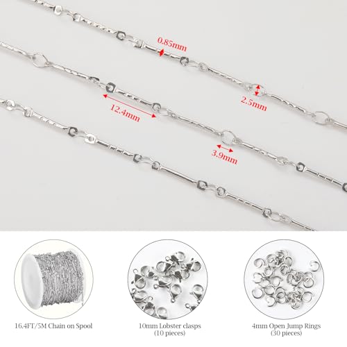 KYUNHOO 16.4FT/5M Silver Chain for Jewelry Making Texture Bar Link Chain Stainless Steel Jewelry Chains 12MM Long Stick Chains with Clasps for Crafting - color: Stick Silver