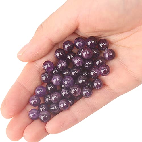 70PCS Natural 8MM Healing Gemstone, Amethyst Energy Stone Round Loose Beads, Semi-Precious Crystal Beads with Free Elastic String for Jewelry Making DIY - color: Amethyst, size: 8MM