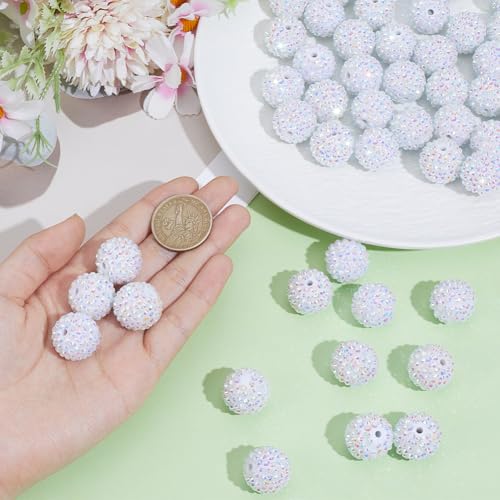 1 Box 50pcs 20mm White Rhinestone Round Beads Shiny Resin Rhinestone Sparkle Crystal Disco Ball Chunky Bubblegum Loose Spacer Bead Bulk for Jewelry Making Bracelet Necklace Diy Craft Supply - color: Ab Color, size: 20mm 50pcs
